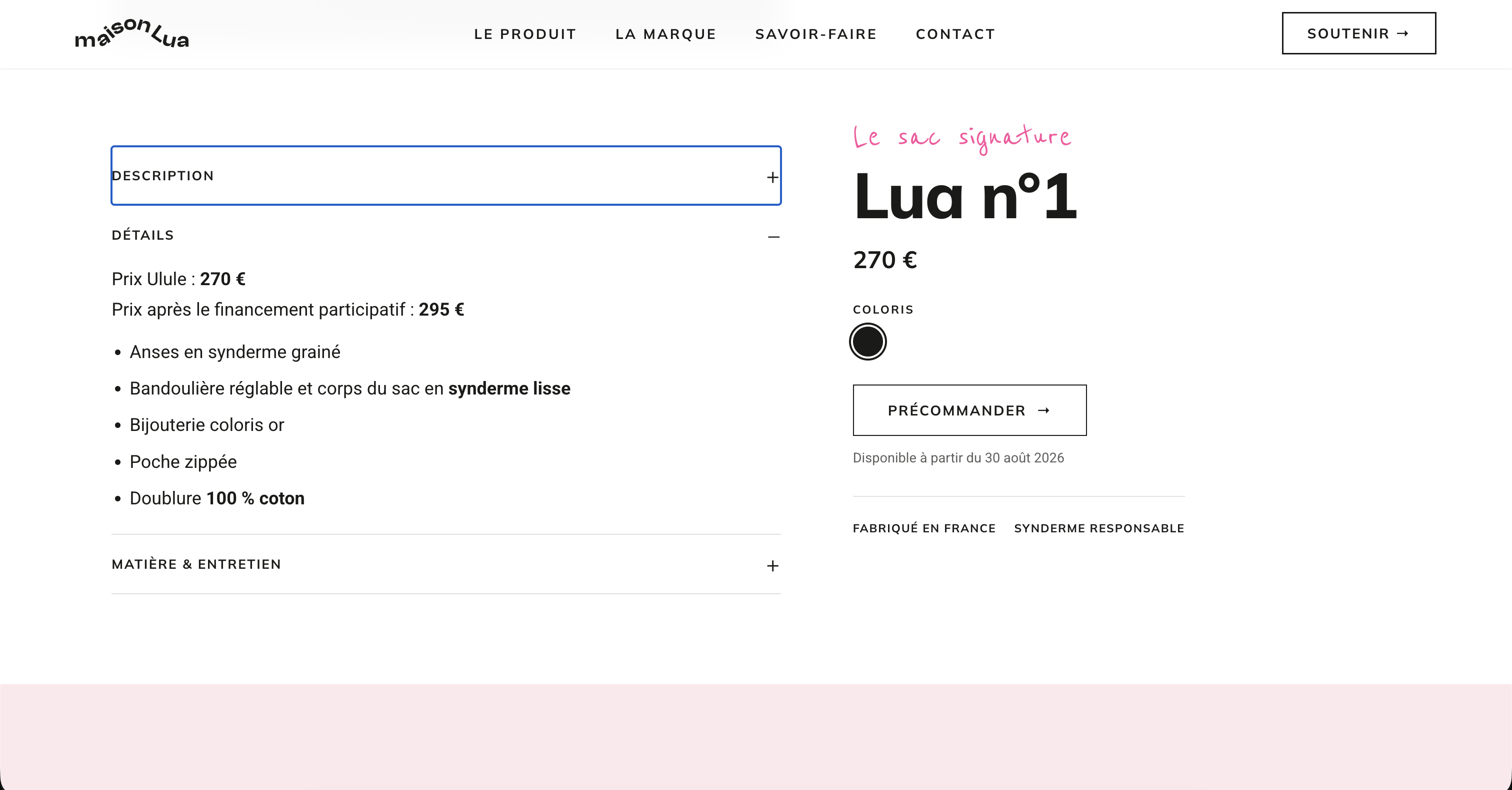 Section détails de la page produit Maison Lua